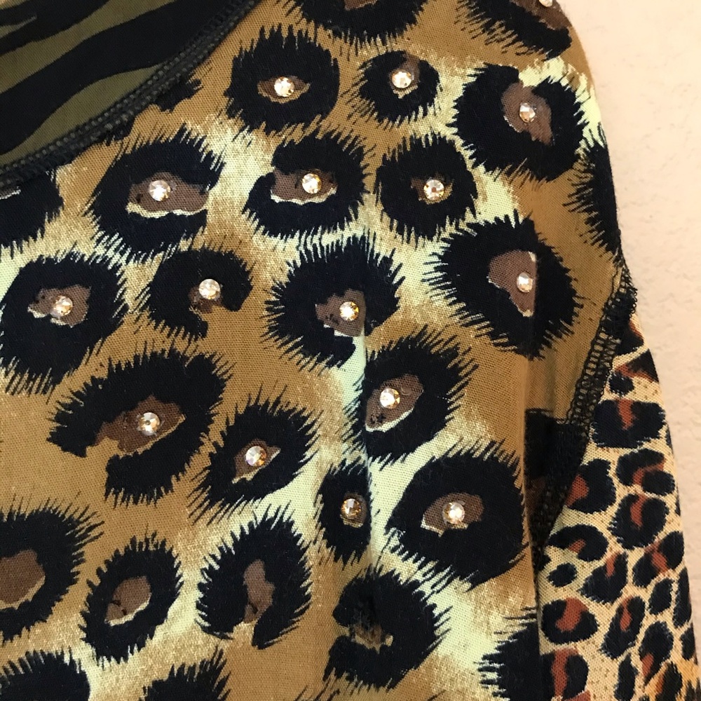 Animal Print Jeweled Patchwork Blouse Euc Unique - image 3